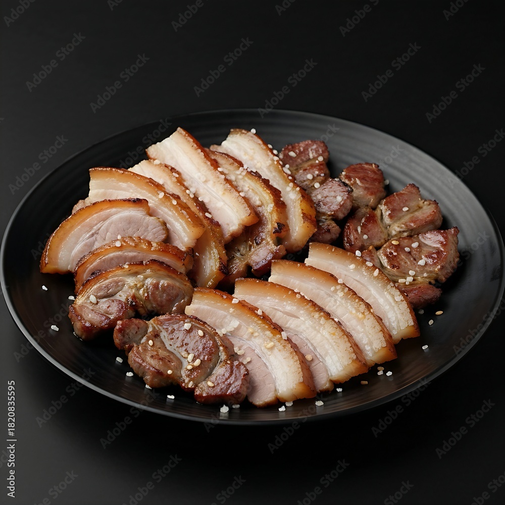 Fototapeta premium A plate of hangjari gui 항자리 구이 (grilled pork jowl) with salt and sesame oil, served on a black plate against a black background.