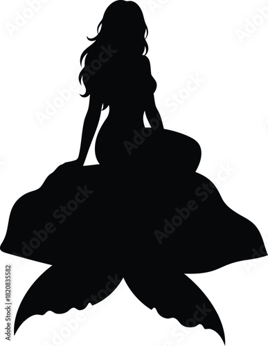 Enchanting mermaid silhouette sitting on rock ocean fantasy illustration vector