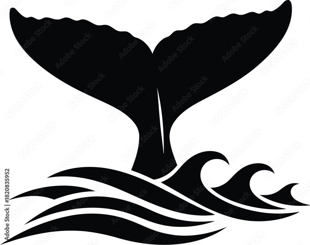 Obraz premium Whale tail silhouette diving ocean waves simple nautical icon vector