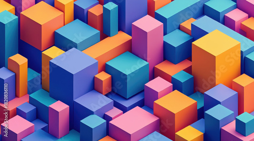 Vibrant geometric blocks colorful abstract shapes 3D cubes isometric cityscape pastel palette modern design digital illustration seamless pattern minimal art playful mood. Bright geometry forms