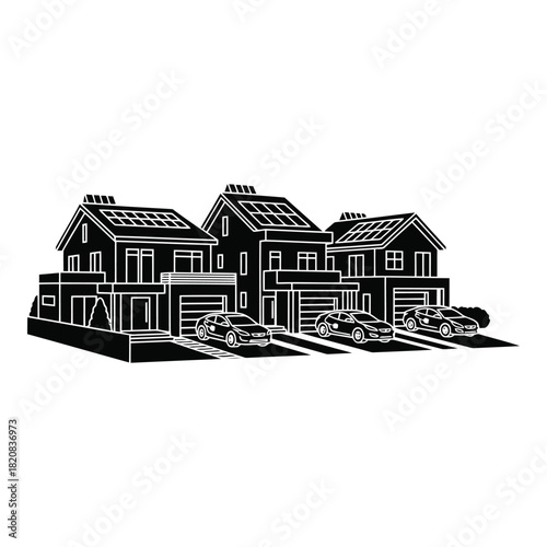 Modern Houses with Solar Panels Vector Illustration, Suburban Living Concept in Black and White, Residential Property Line Art