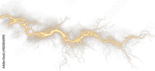 Golden lightning thunder strike light PNG. Bright electric arcs flash across the sky in a storm. Ideal for dramatic overlays or intense weather effects.