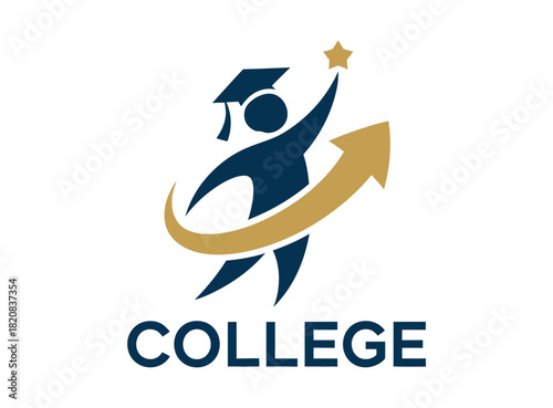 An abstract silhouette of a person reaching for a star with an upward arrow curve, symbolizing achievement and higher education, with the word "COLLEGE" below.