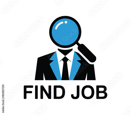 A stylized silhouette of a person in a suit and tie holds a magnifying glass to their face, symbolizing the search for employment and career opportunities.