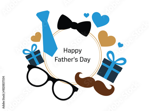 Happy Father's Day illustration featuring a tie, bow tie, glasses, mustache, and gift boxes arranged around a central circle.