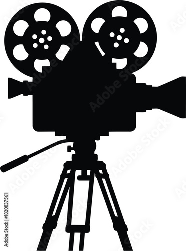 Vintage film camera silhouette on tripod cinematography movie production vector