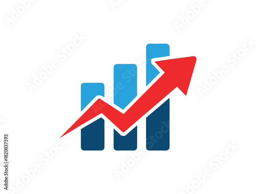 A red arrow charts an upward trend over a blue bar graph, symbolizing growth and success in business.
