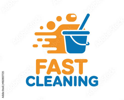 A modern logo design features a blue bucket with a mop and orange abstract shapes representing speed and cleanliness for a 'Fast Cleaning' service.