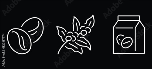 Coffee bean, branch and package editable stroke outline icon isolated on black background flat vector illustration. Pixel perfect. 64 x 64.
