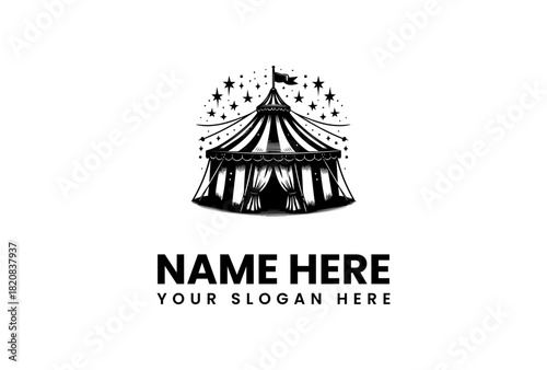 Black and white big top circus tent under a starry night sky vector logo illustration template
