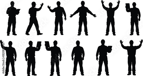 Professional Construction Workers and Engineers Silhouette Collection: Diverse Poses, Safety Hard Hats, and Blueprints for Industrial, Building, Architecture, and Contractor Stock Images,