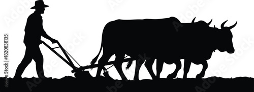 Farmer ploughing field with oxen silhouette vector