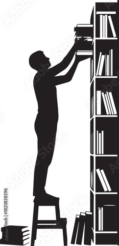 Silhouette of person reaching for book on tall bookshelf from a step stool surrounded by knowledge