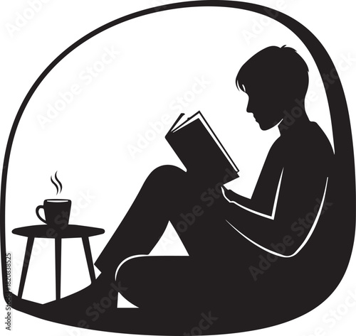 Silhouette of person reading book in cozy chair with steaming cup of coffee