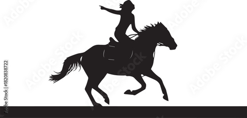 Silhouette of a confident rider on a galloping horse with arm outstretched symbolizing freedom