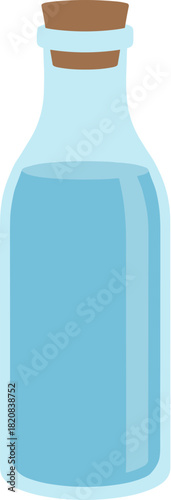 Glass bottle with blue liquid and cork stopper vector illustration.