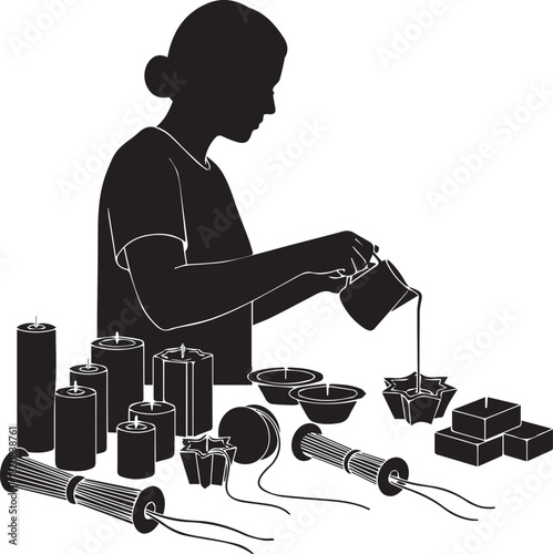 Silhouette of a woman crafting candles with wax and wicks on a table detailed hobby scene