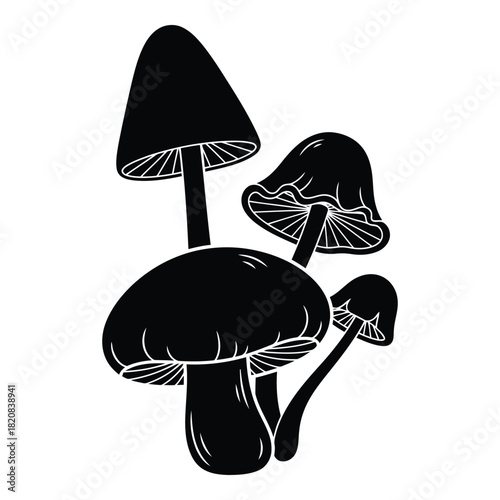 Mushroom Silhouette Art, Black and White Fungi Illustration, Monochrome Mushroom Clipart