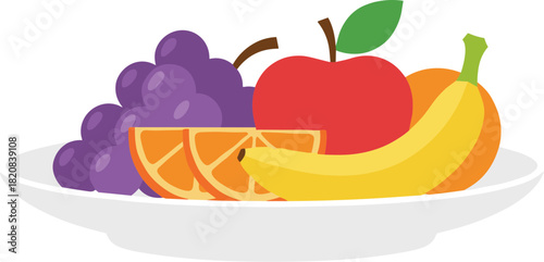 Fresh fruit platter with apple banana grapes and orange vector illustration.