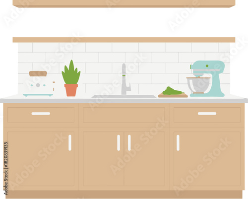 Modern kitchen interior with wooden cabinets and appliances.