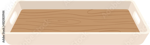 Empty white serving tray with a wooden base and handles.