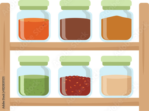 Collection of pantry jars with colorful contents on wooden shelves.