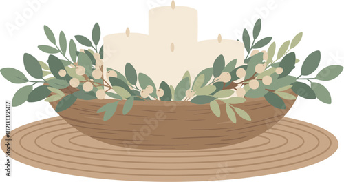Rustic wooden bowl centerpiece with candles and green foliage illustration.