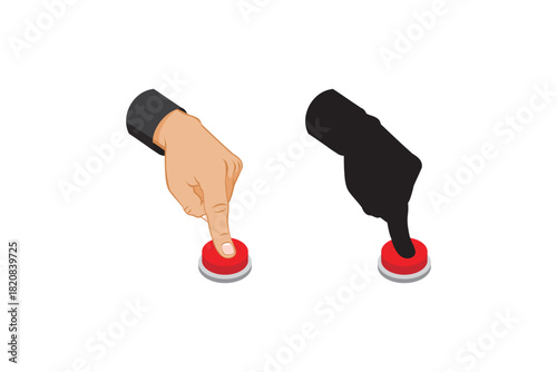 Hands pressing red buttons for interface, control, and interaction concepts.