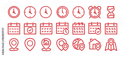 Time, date and address concept editable stroke outline icons set isolated on white background flat vector illustration. Pixel perfect. 64 x 64.