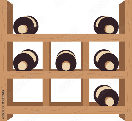Wooden wine rack with six bottles stored horizontally.