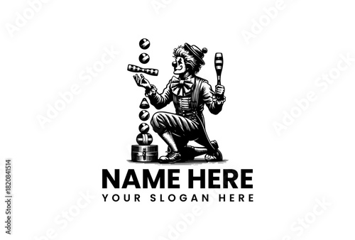 Stylized retro circus clown performing a juggling act vector logo illustration with dynamic elements and classic flair