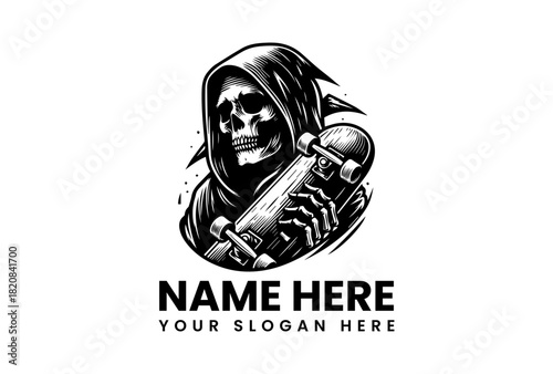 Dark Grim Reaper Skateboarder vector logo illustration featuring a skull figure holding a skateboard for a gothic extreme sports brand or apparel design
