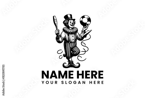 A classic circus clown performer juggling a soccer ball and pin, a retro style vector logo illustration design
