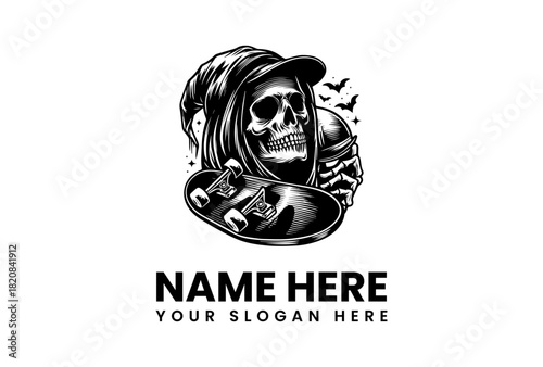 Grim Reaper Skater Vector Logo Illustration for Extreme Sports and Youth Culture