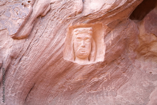 Lawrence of Arabia petroglyph, rock inscription, at Wadi Rum, Jordan
