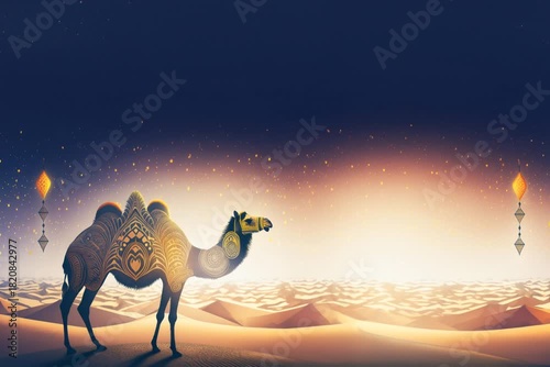 Chameau décoré dans un désert doré avec lanternes s’envolant dans un ciel étoilé et espace négatif copyspace pour visuels liés au Ramadan et aux ambiances orientales