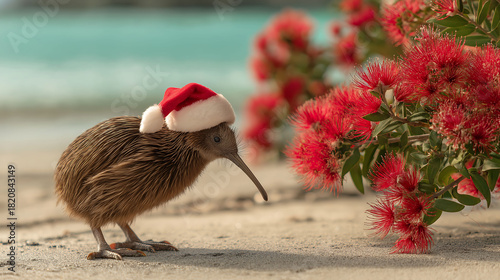 Fototapeta Naklejka Na Ścianę i Meble -  Cute kiwi bird in Santa hat on beach under red pohutukawa tree, with sea in background