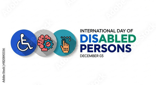 International Day of Disabled Persons graphic with wheelchair, brain, and hand icons.