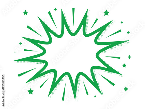 A green starburst speech bubble shape explodes outward with surrounding small stars and radiating lines on a white background.