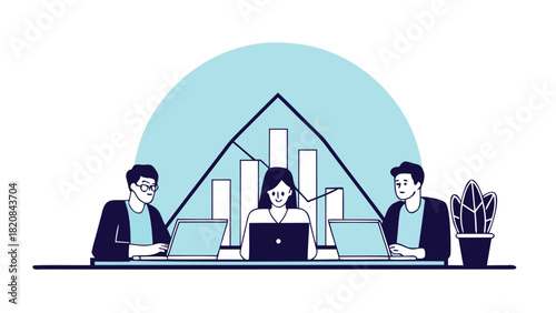 Diverse team of professionals collaborating in a modern office setting analyzing charts and data on a digital screen representing teamwork and business strategy