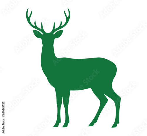 A silhouette of a majestic stag with impressive antlers stands alert against a plain white background, showcasing its elegant form.