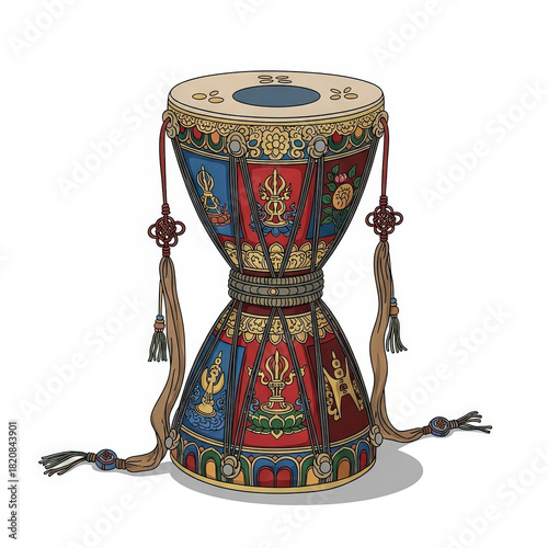 Ornate traditional drum with colorful designs and tassels
