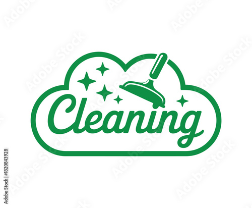 The word 'Cleaning' is presented in a green, cloud-shaped logo with sparkles and a squeegee tool, symbolizing a fresh and efficient cleaning service.