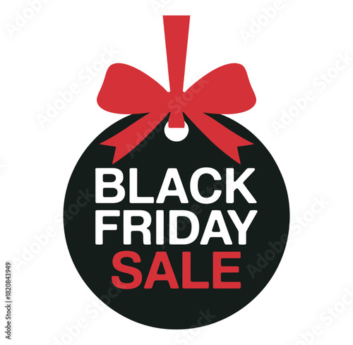 A festive black circle tag with a red bow hangs, announcing a Black Friday sale with bold white and red lettering.