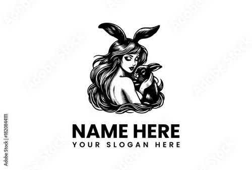 Mystical woman with bunny ears holding a gentle lamb, ideal for a unique brand identity vector logo illustration design