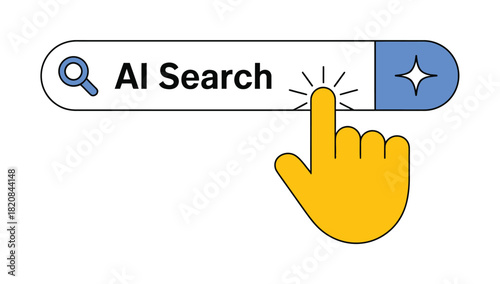 A cursor clicks on the 'AI Search' bar within a digital interface, symbolizing the advancement of artificial intelligence in information retrieval and search engines.