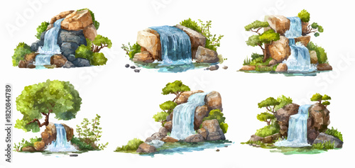 Watercolor waterfall illustration with cascading water flowing over rocks, surrounded by lush tropical trees and mountain landscape in cartoon style