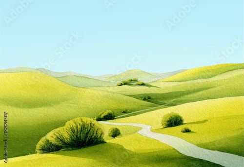Watercolor landscape with green meadows and rolling hills under summer sky. Perfect countryside scene for nature backgrounds, posters, and field illustrations.
