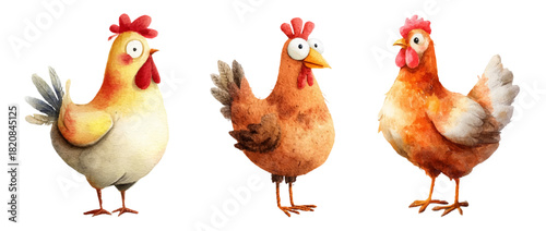 Watercolor chicken illustrations featuring adorable farm hens in cartoon style. Cute poultry characters with Easter chicks, roosters, and happy birds perfect for children's designs.