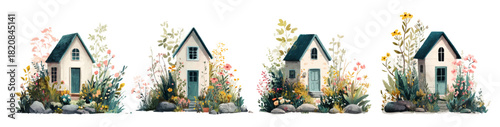 Small house collection in watercolor style. Village homes set among wildflower meadows, summer fields, and pastoral landscapes with minimal vector design elements.